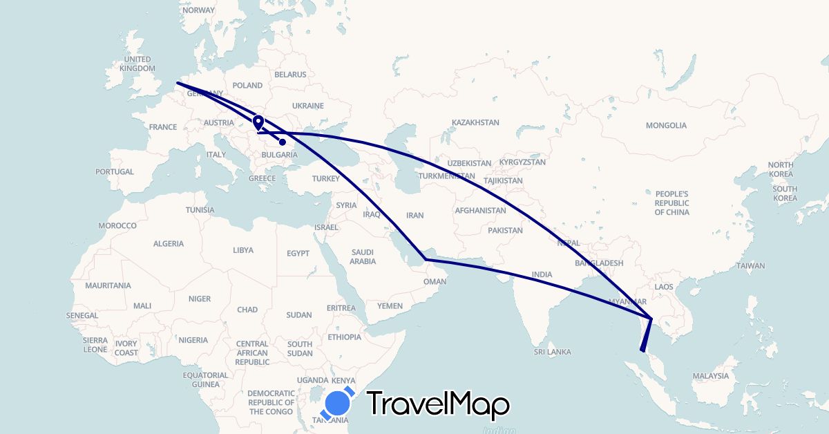 TravelMap itinerary: driving in United Arab Emirates, Netherlands, Romania, Thailand (Asia, Europe)